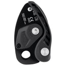 Black PETZL NEOX assisted braking belay device for climbing with smooth rope handling and ergonomic design.
