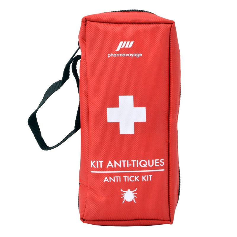 Red anti-tick kit with white cross and text on a white background