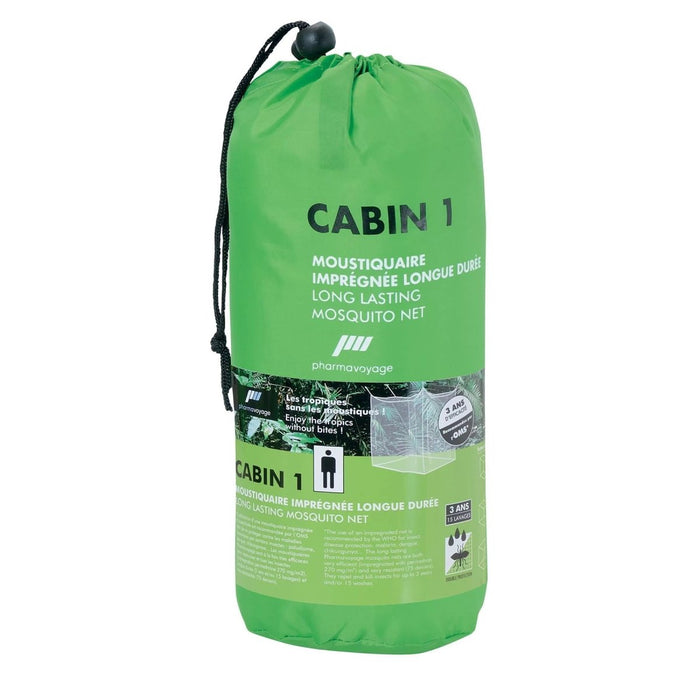 Groene klamboeverpakking met 'Cabin 1' branding op een witte achtergrond
