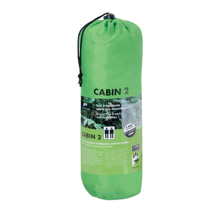 Groen pakket insectengaas met 'Cabin 2' branding op een witte achtergrond