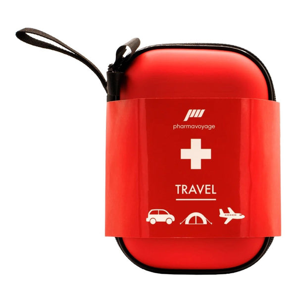 Red travel first aid kit with 'pharmavoyage' branding on a white background