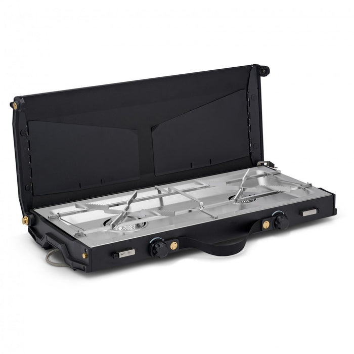 Réchaud de camping extérieur portable à double brûleur Primus Alika avec pare-brise et surface en acier inoxydable