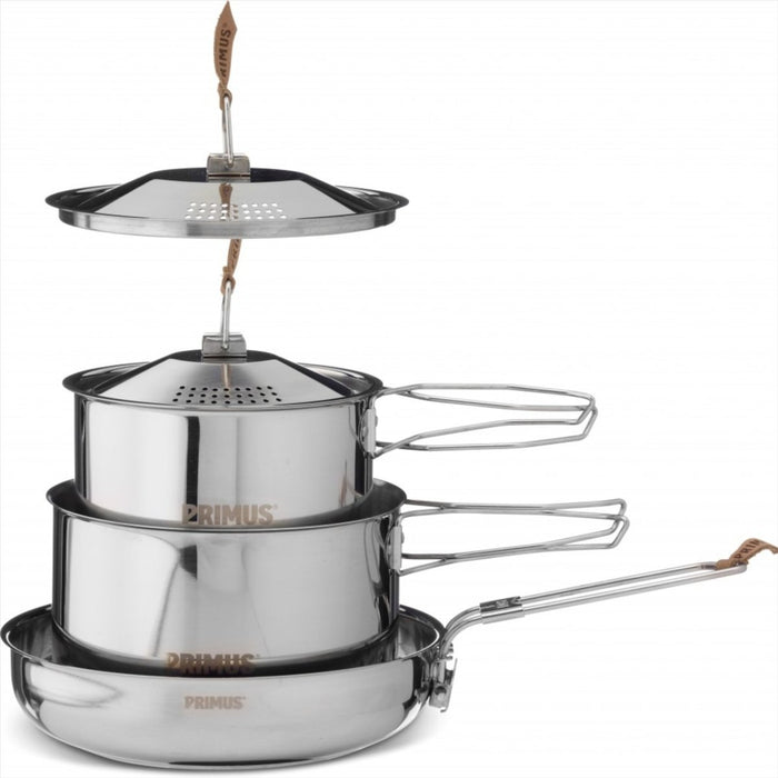 Pots et poêle à frire en acier inoxydable Primus Campfire Cookset S avec poignées et couvercles ventilés, batterie de cuisine de camping compacte