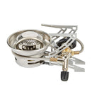 Compact foldable propane burner camping stove with push-button igniter and remote canister design for outdoor cooking.