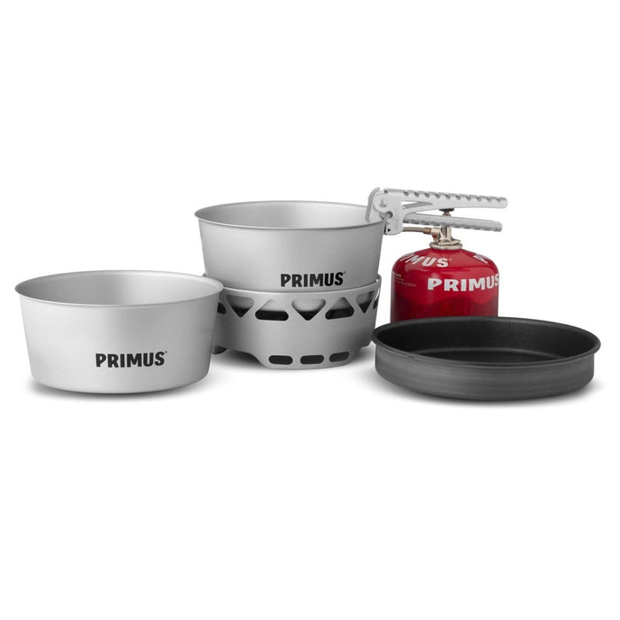 Primus Essential Stove Set met 1,3L pot, pan en compact lichtgewicht campinggasfornuis voor buiten koken.