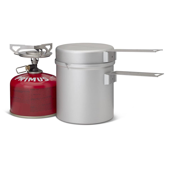 Compacte lichtgewicht Primus Essential Trail KIT kookset met 1L pot voor backpacken en buiten koken.