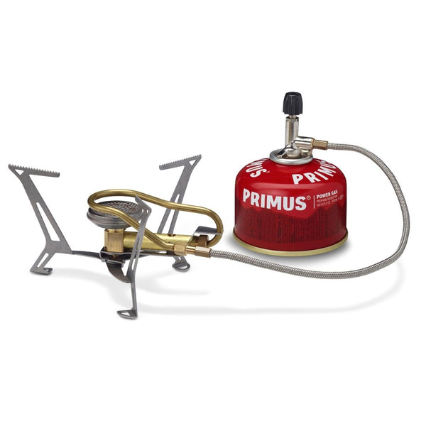 Primus Express Spider II lightweight camping stove with tripod and red gas canister for outdoor cooking and hiking trips