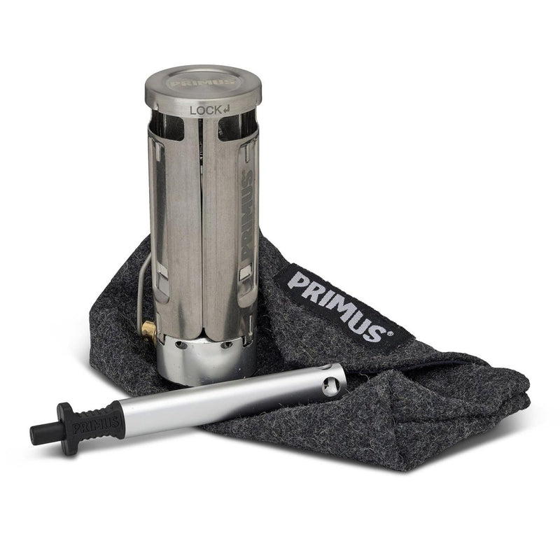 Primus Firestick Titanium ultralight camping stove with compact design and carrying pouch for hiking and outdoor cooking.