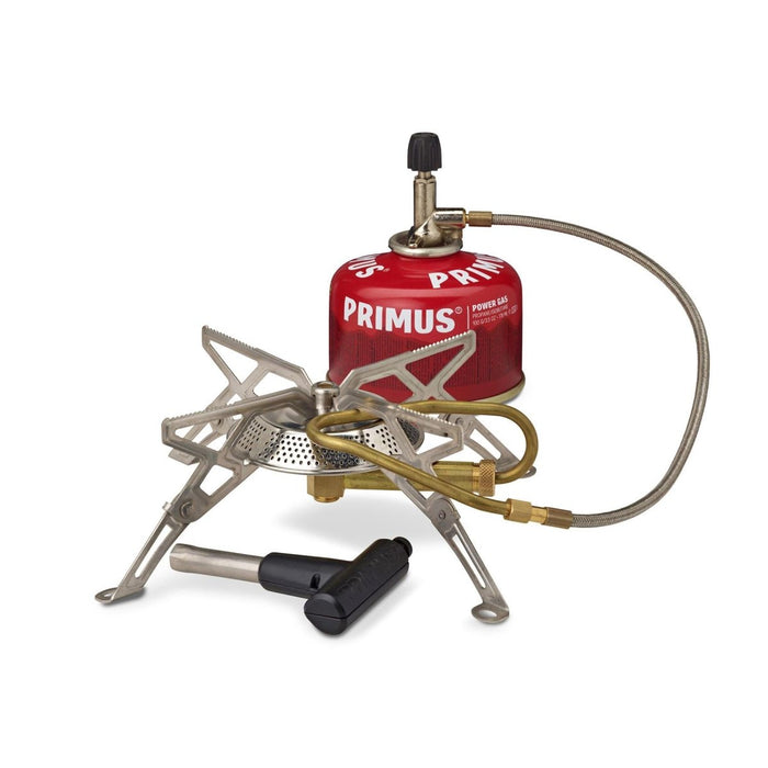 Primus Gravity III campingbrander met hoog vermogen, opvouwbare poten, gasfles en ontstekingstool voor buitenkoken.