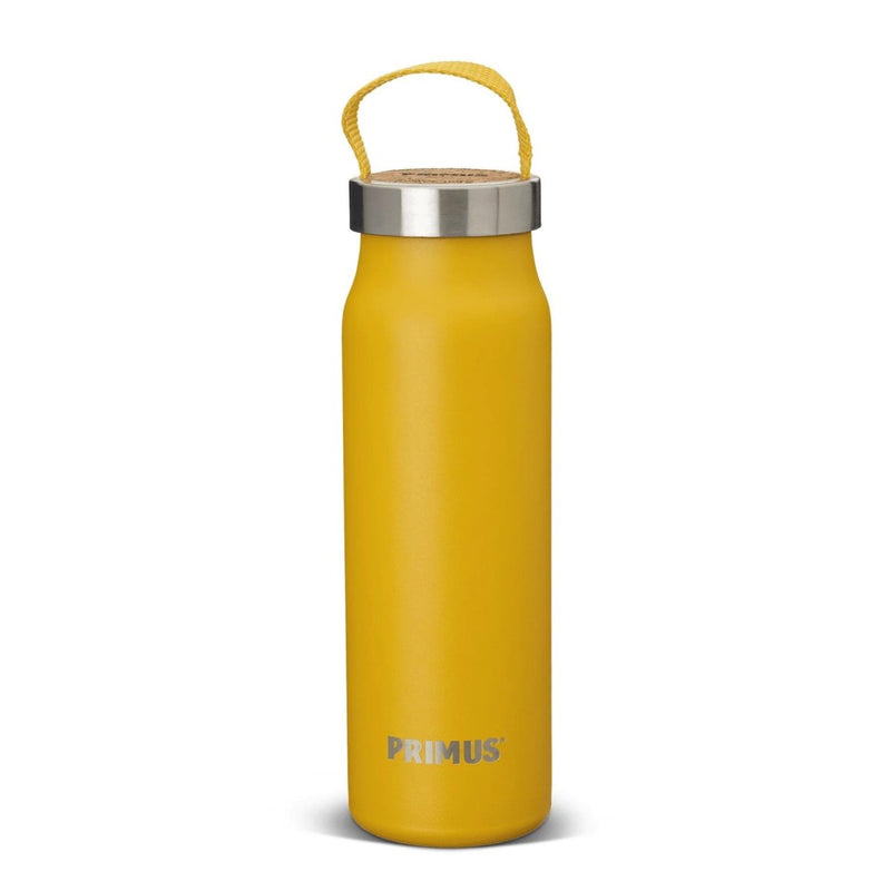 Yellow Primus Klunken 500ml stainless steel vacuum flask with handle, ideal for hiking and camping.