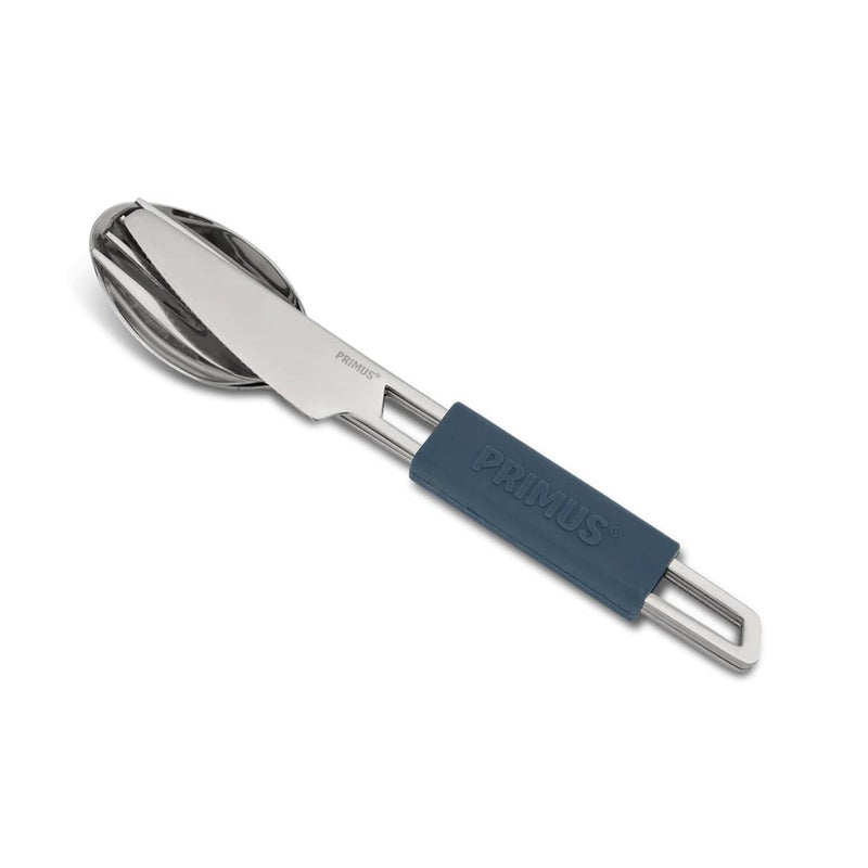 Compact Primus Leisure camping cutlery set with knife, fork, spoon, and silicone grip for lightweight outdoor use.