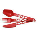 Red lightweight plastic camping cutlery set with spoon, fork, and serrated knife for outdoor use