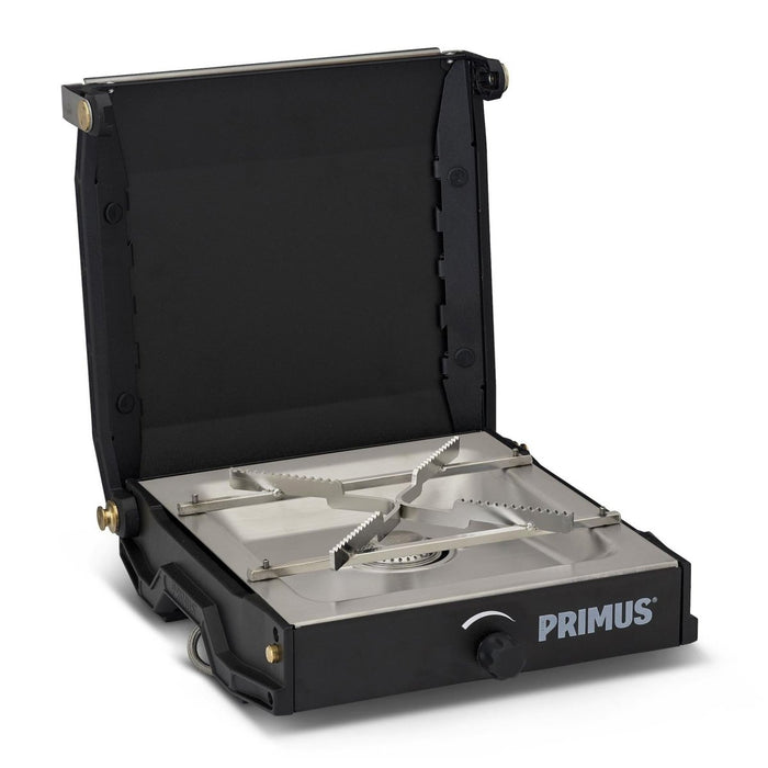 Réchaud Primus Moja compact avec supports de casseroles en acier émaillé et brûleur à gaz pour une cuisine efficace en camping en plein air
