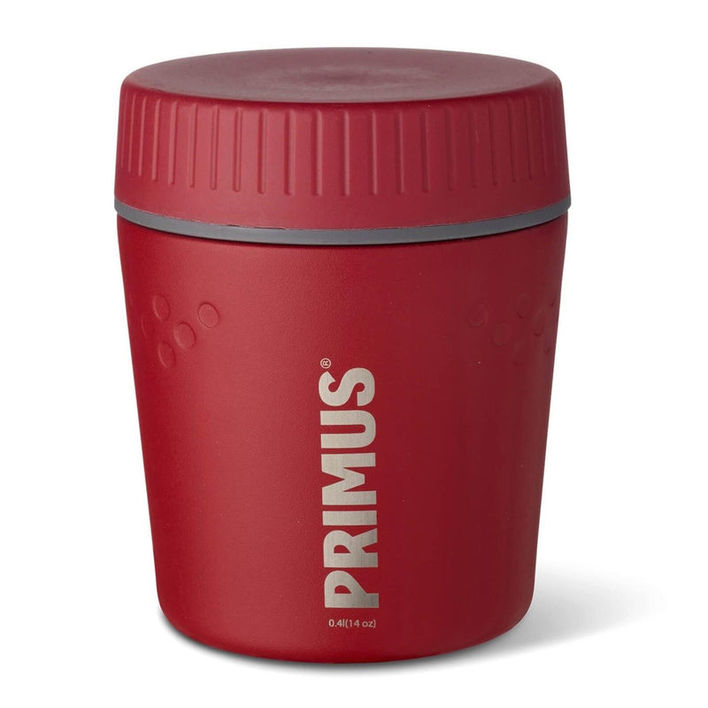Red Primus Trailbreak vacuum insulated jug with screw-on lid for camping and outdoor heat retention of meals and drinks.