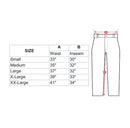 Size chart for TACGEAR Danish Military style cargo pants showing waist and inseam measurements in inches.