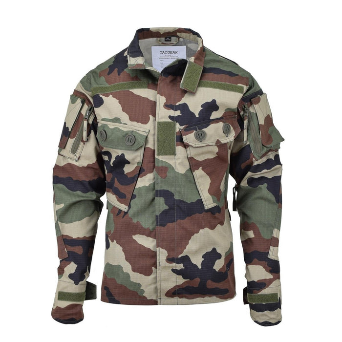 TACGEAR Veste commando de style militaire français en camouflage forestier avec plusieurs poches et coudes renforcés pour plus de durabilité