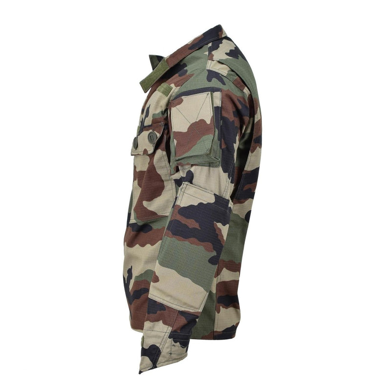Side view of TACGEAR French military style camo commando jacket with multiple pockets and reinforced elbows