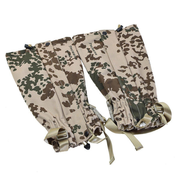 TACGEAR waterproof leg gaiters in Flecktarn Desert camo with metal hooks and adjustable straps for outdoor and tactical use