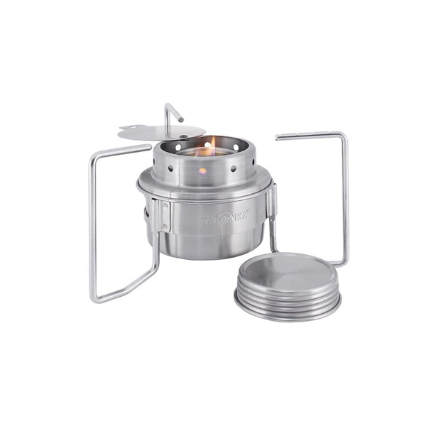 Compact Tatonka stainless steel multifuel spirit burner stove set with pot stand and flame adjuster for outdoor use