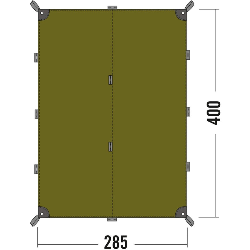 Top-down view of olive green Tatonka waterproof shelter tarp with dimensions 285 by 400 cm showing eyelets and guy loops