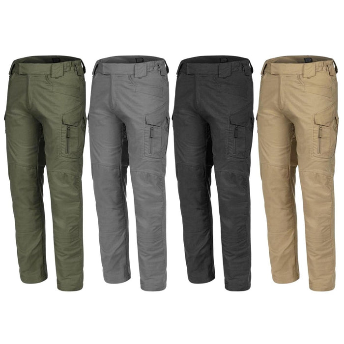 Vier paar TEXAR Elite Pro 2.0 tactische ripstop cargobroeken van militaire kwaliteit in de kleuren groen, grijs, zwart en beige.