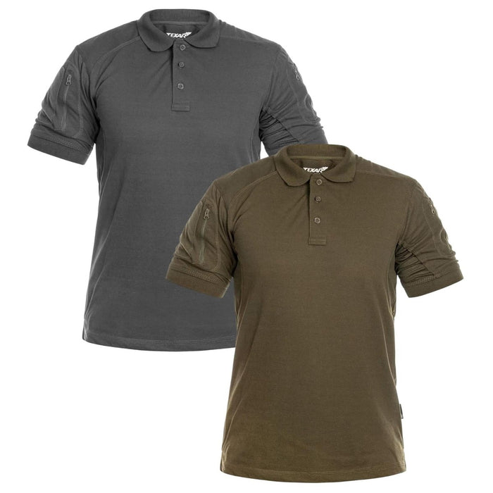 Twee TEXAR Elite Pro tactische poloshirts met korte mouwen in grijs en olijfgroen voor militair gebruik en buitengebruik