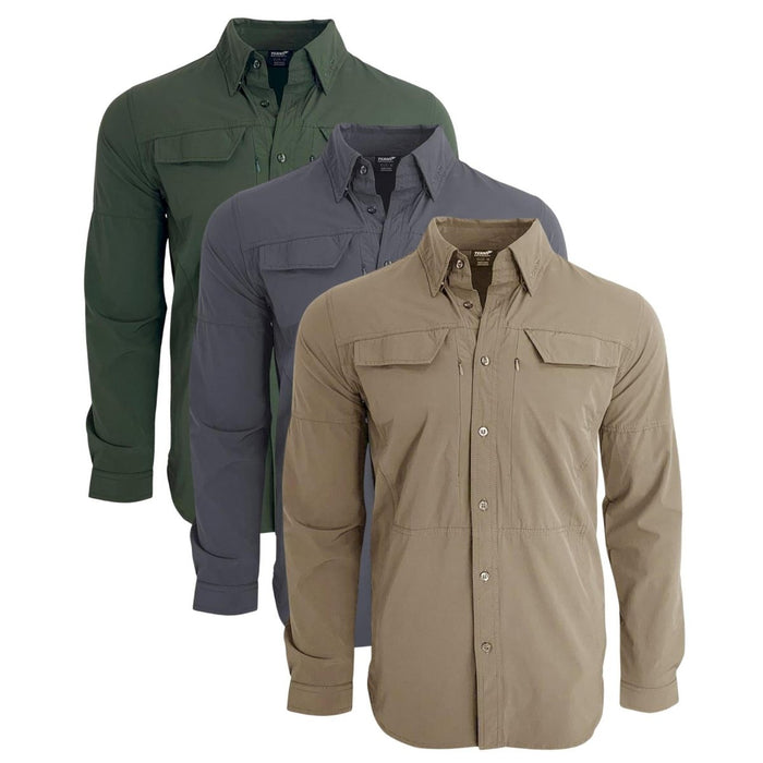 Trois chemises militaires TEXAR coupe slim à manches longues en vert, gris et beige avec devant boutonné et poches poitrine.