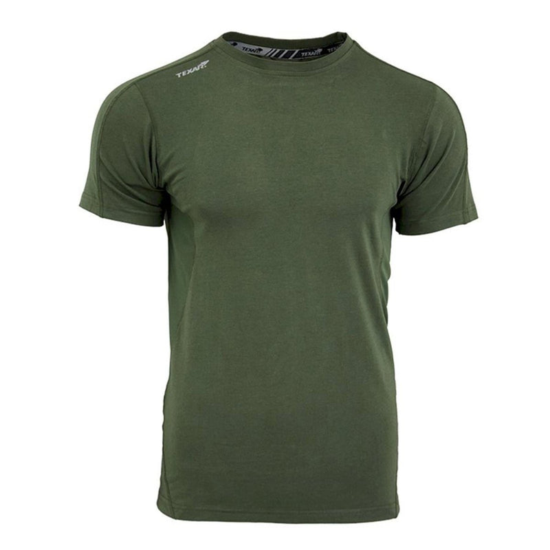 Olive green TEXAR military base layer short sleeve undershirt designed for comfort and durability in tactical use