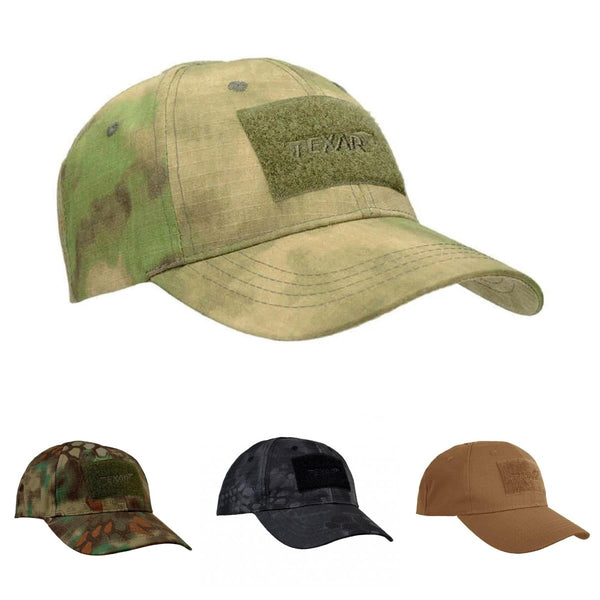 TEXAR tactical ripstop baseball caps in camo, black, and tan, lightweight and durable for outdoor and combat use.