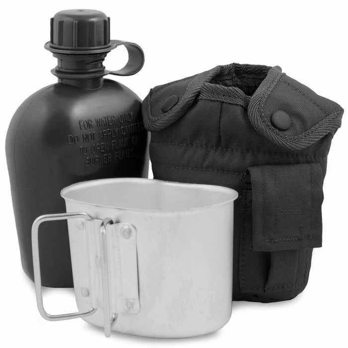 Bouteille d'eau de cantine M1 de style armée américaine avec couvercle en métal et pochette en tissu noir avec clips Alice