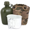 U.S. Army style M1 canteen with camouflage cover, metal cup, and durable alice clips for outdoor use
