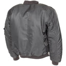 Back view of U.S. Army style MA1 bomber jacket in urban grey with ribbed cuffs and waistband, windproof puffer design.