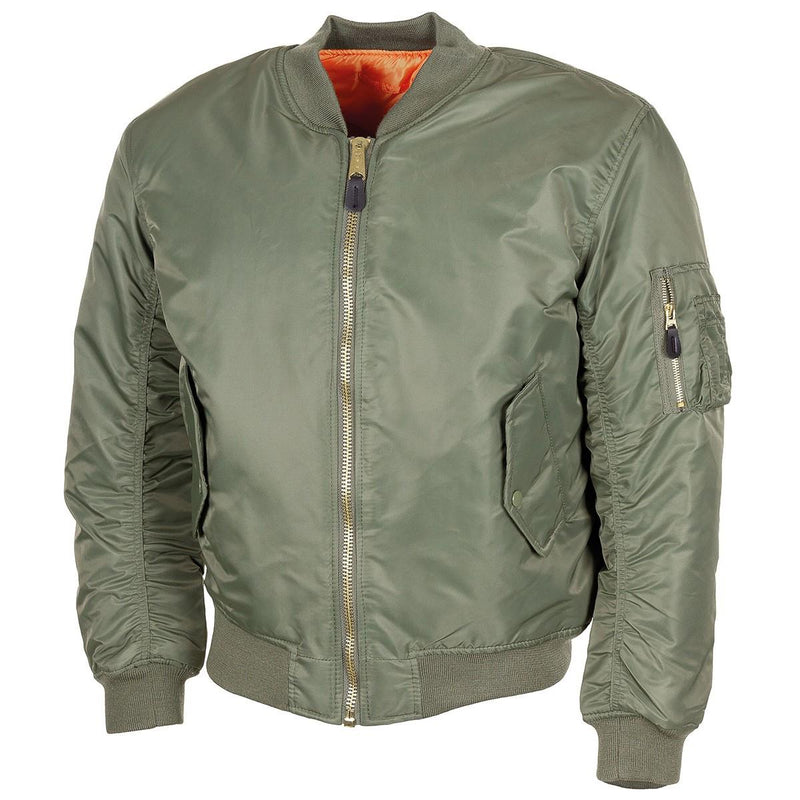U.S. Military style olive MA1 bomber jacket with windproof, warm fabric, elastic cuffs, and multiple pockets.