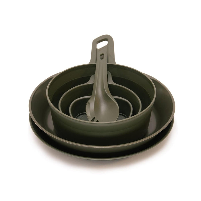 Olijfgroene Wildo EXPLORER KIT met stapelbare borden, kommen en een spork, lichtgewicht BPA-vrij campingservies